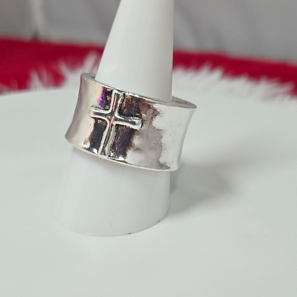 Vintage Silver Cross Ring Wide 13mm Band Antique Finish Faith Statement Size 9.5